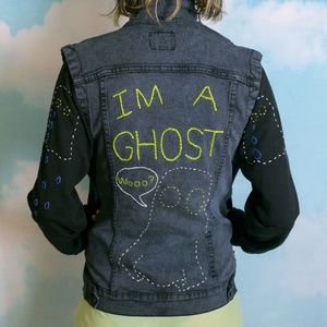 Hand Embroidered Sad Ghost Black Denim Jacket